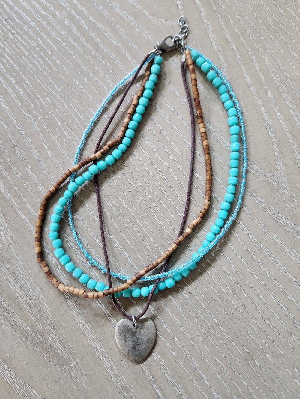 Boho Multi-strand Necklace Turquoise Blue Wooden Beads Silver Tone Heart Pendant